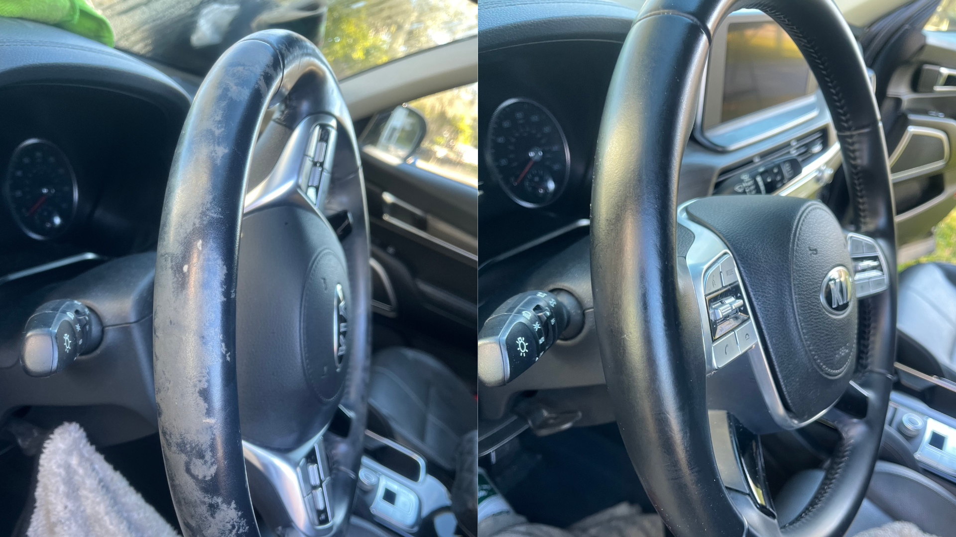 Photo of a steering wheel that has been restored to like new by a mobile detailer